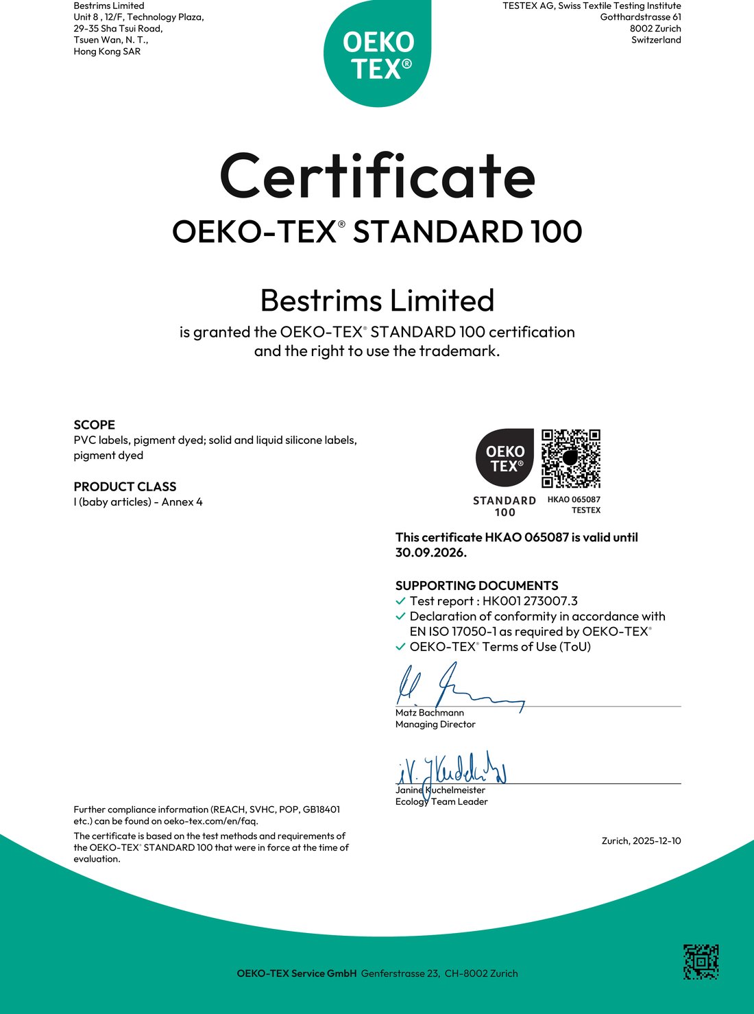 OEKO-TEX Standard 100 Certificate — Bestrims Limited, valid until 30 Sept 2026